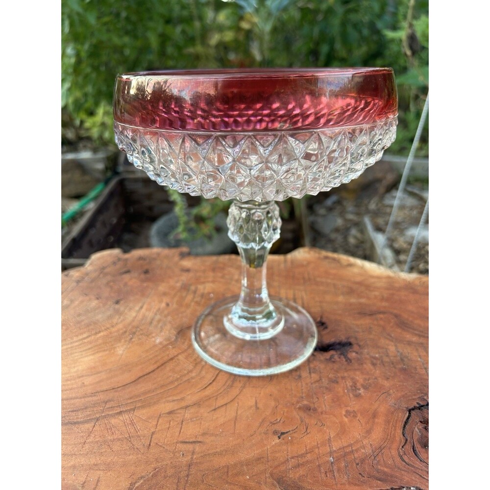 Vintage Indiana Glass Bowl Kings Crown Ruby Red Band Diamond Point Candy Dish